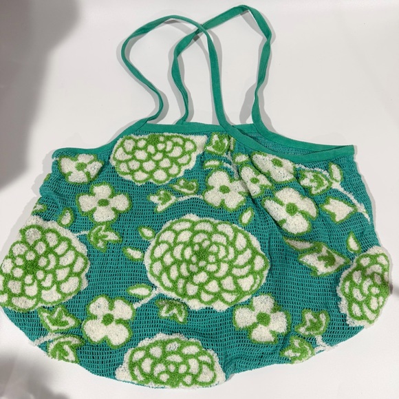 Urban Outfitters Handbags - Urban Outfitters Floral Teal Blue Green Tufted Market Slouch Mesh Beach Tote Bag